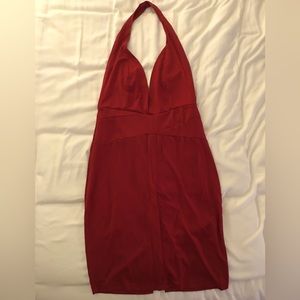 Wine red halter top evening dress, open back, back slit
